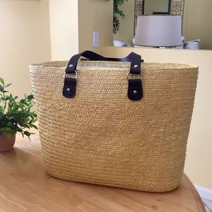 Natural Straw Tote with Black Handles
